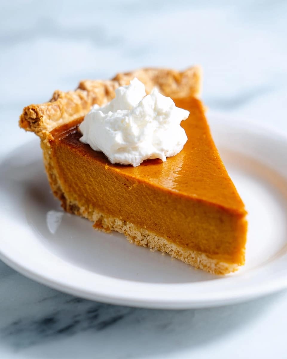 A single slice of pumpkin pie sits on a white plate placed on a white marbled surface. The pie has two visible layers: a smooth, dense orange pumpkin filling that takes up most of the slice, and a crumbly, light golden brown crust at the base and around the edges. On top of the filling, near the center, there is a dollop of fluffy white whipped cream. The pie edges have a slightly uneven, rustic texture. Photo taken with an iphone --ar 4:5 --v 7