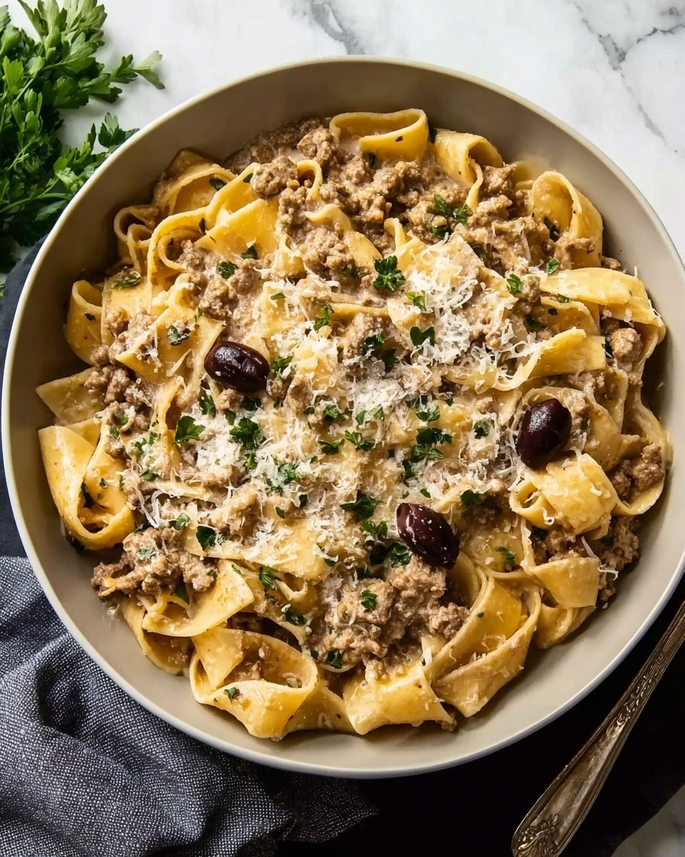 The image shows a bowl filled with wide, flat pasta noodles covered with a creamy sauce mixed with ground meat, giving a light brown color with small chunks spread evenly across the noodles. The pasta is topped with white grated cheese and small green herb pieces sprinkled on top. Dark brown olive slices are placed on the surface, adding contrast. The bowl is white and rests on a white marbled surface with a glimpse of a gray cloth nearby. Photo taken with an iphone --ar 4:5 --v 7