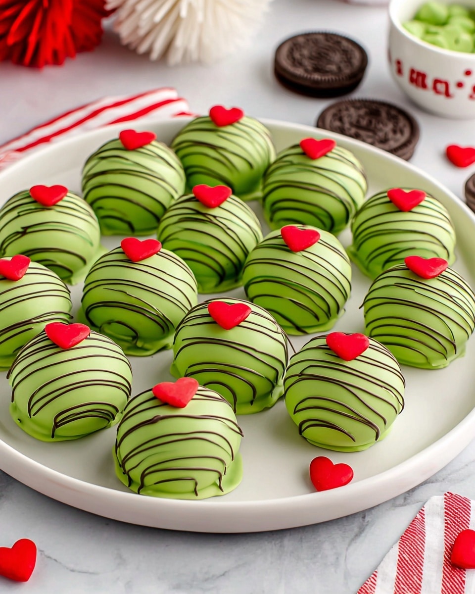 A white round plate holds sixteen green round truffle balls arranged neatly in rows. Each truffle is coated in a smooth green icing with darker green wavy stripes drizzled on top, and each one is finished with a small red heart decoration placed at its peak. Scattered around the plate are small decorative items including a couple of Oreo cookies and tiny red heart shapes. The background features a white marbled texture with red-and-white striped napkins and some white and red fluffy decorations visible. Photo taken with an iphone --ar 4:5 --v 7