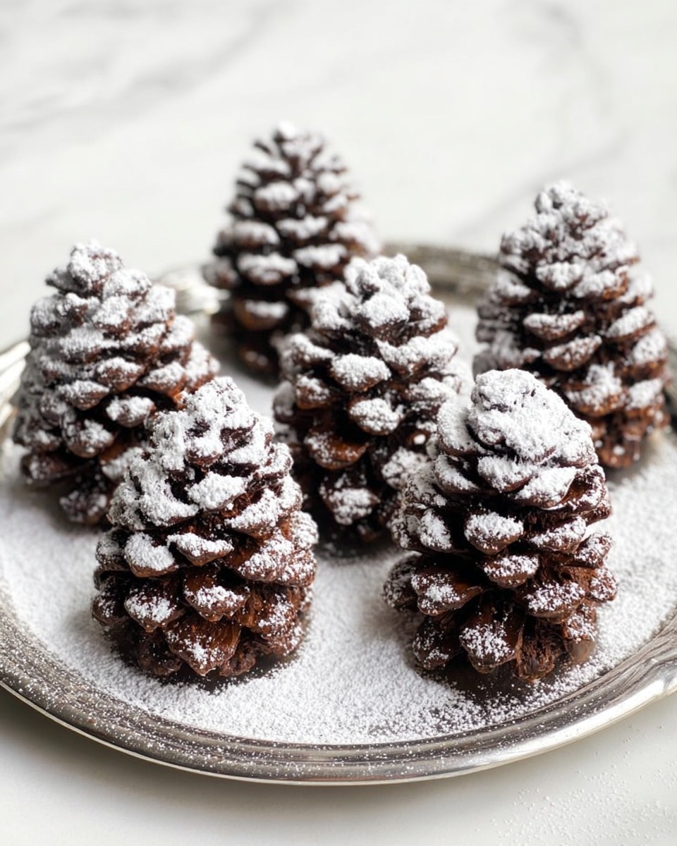 The image shows five pine cone-shaped desserts standing upright on a silver metal tray, each covered with a dusting of white powdered sugar that looks like snow. The pine cones have a rough texture with many small layers resembling the scales of a real pine cone, and their color is dark brown, suggesting chocolate. Powdered sugar is also scattered lightly around the base of the pine cones on the tray. The tray sits on a white marbled surface, which adds a clean and bright background to the image. photo taken with an iphone --ar 4:5 --v 7