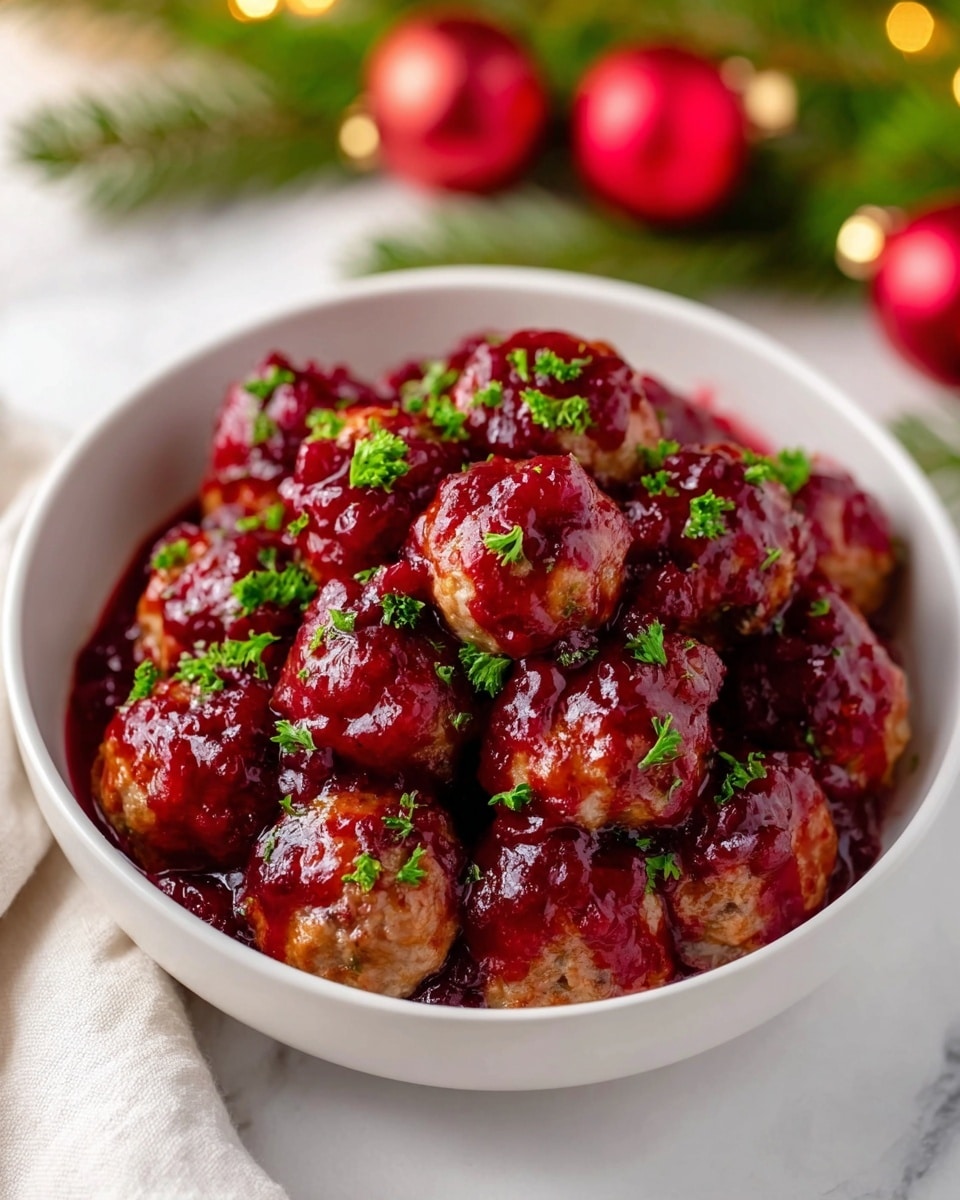A white bowl is filled with two layers of round meatballs covered in thick, glossy red cranberry sauce. The meatballs are golden brown underneath and the sauce has a shiny, smooth texture with some small chunks. Bright green chopped parsley is sprinkled evenly on top, adding a fresh color contrast. The bowl sits on a white marbled surface next to a white cloth napkin, with blurred red Christmas ornaments and green pine needles in the background. photo taken with an iphone --ar 4:5 --v 7
