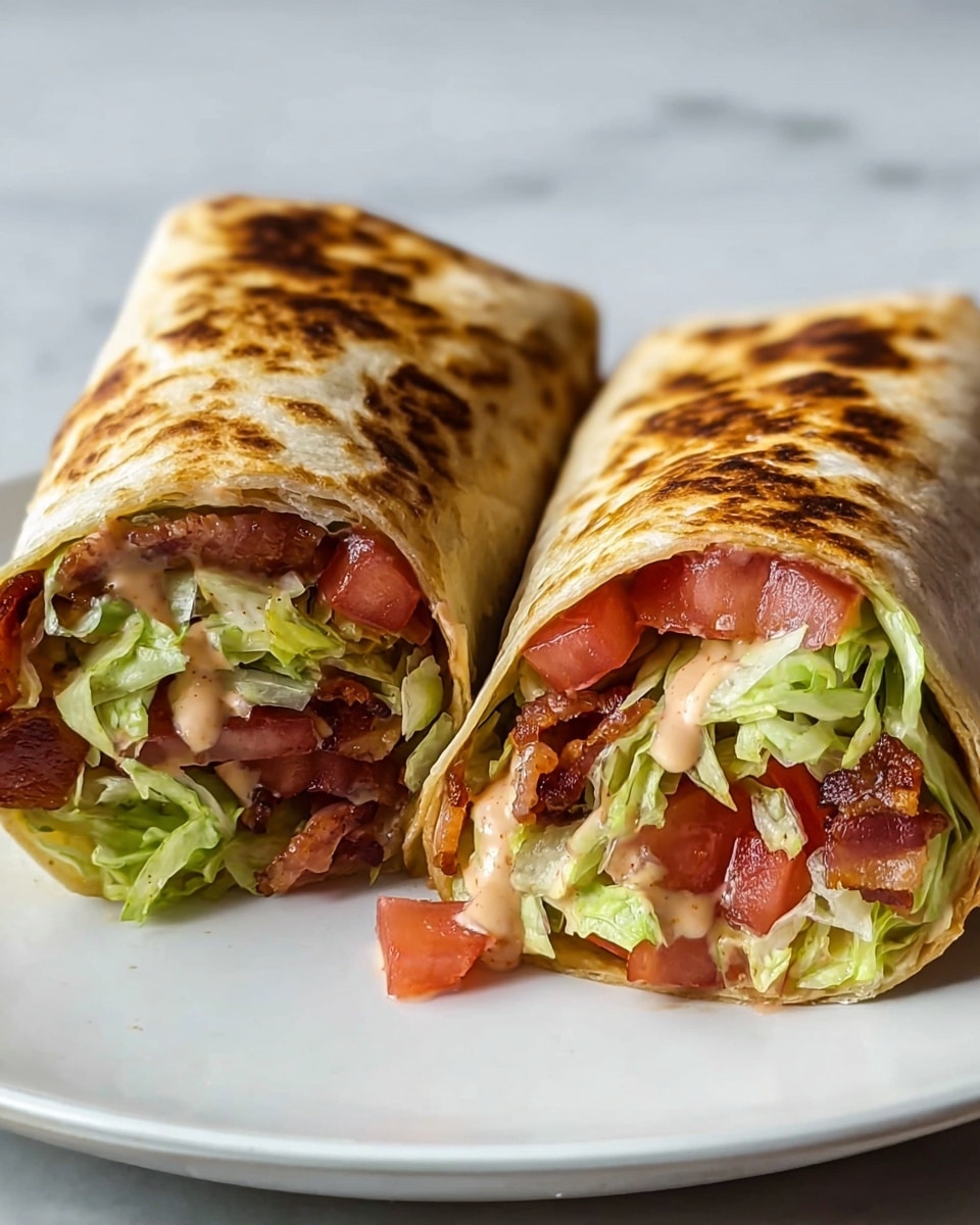 Two halves of a toasted wrap sit side by side on a white plate, each showing layers inside. The outer layer is a golden-brown grilled tortilla, slightly crispy with darker spots. Inside, the first visible layer is fresh, shredded light green lettuce. Beneath the lettuce, there are chunks of red tomato with a juicy texture. Next, thick pieces of crispy bacon with a reddish-brown color add crunch. There is also a light beige sauce with specks, drizzled on the top inside layer. The plate rests on a white marbled surface. photo taken with an iphone --ar 4:5 --v 7