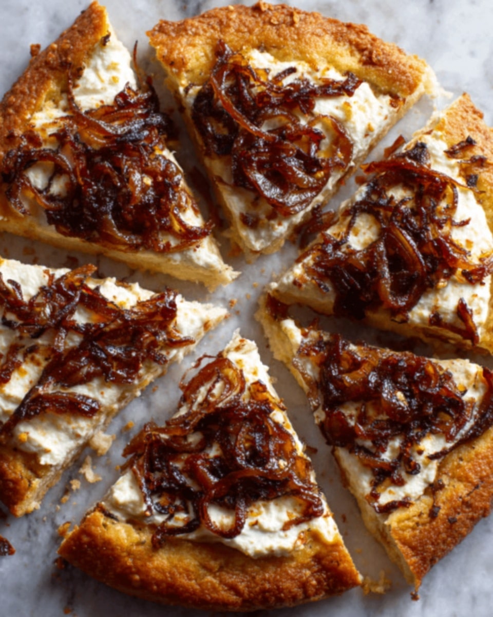 A pizza cut into six slices is shown from above on a white marbled surface. The pizza crust is thick and golden brown with a slightly rough texture. On top, there are layers of melted, creamy white cheese spread evenly across the base. Thin, caramelized dark brown onions are scattered generously over the cheese, adding a shiny, slightly sticky texture. The overall look is warm and inviting. Photo taken with an iphone --ar 4:5 --v 7