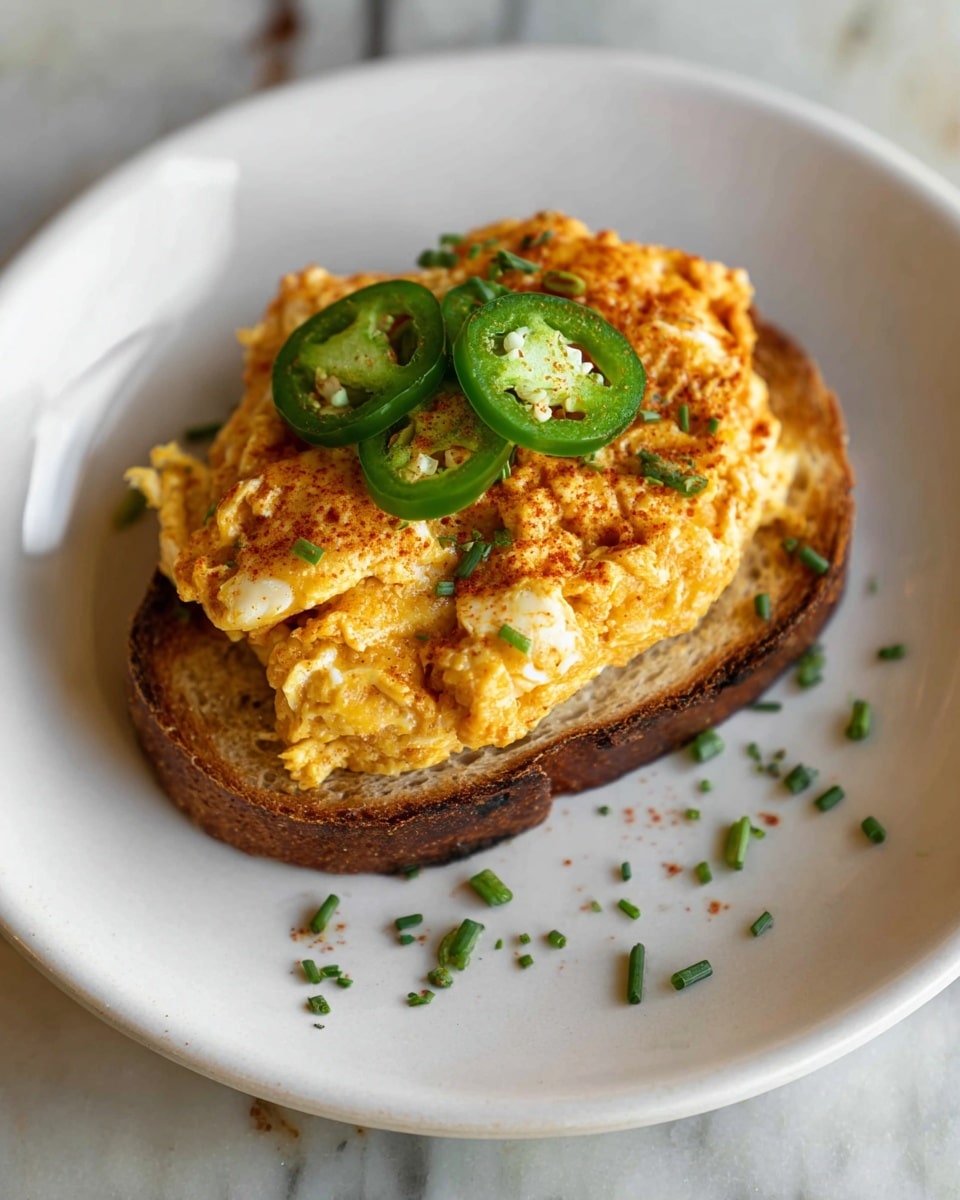 Two sandwich halves are stacked on a white plate with a white marbled surface background. Each sandwich has three layers: the bottom layer is soft white bread with a light crust, the middle layer is a mix of green jalapeño slices and small green herb pieces, and the top layer is a creamy, textured orange spread with chopped white boiled egg pieces. The spread has some browned spots, indicating it is toasted or baked. Photo taken with an iphone --ar 4:5 --v 7