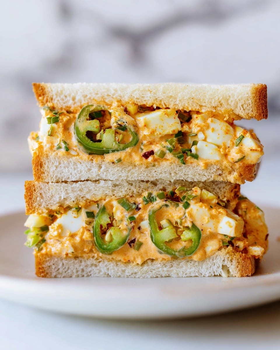 A white plate with a single piece of toasted bread at the bottom, light brown and slightly crispy. On top, there is a thick, golden-brown scrambled egg layer with a textured, slightly burnt surface and some white egg pieces visible. The scrambled eggs are topped with three thin slices of green jalapeño peppers arranged in a small cluster in the center. Small green herb bits are scattered on the plate around the toast. The plate sits on a white marbled texture. photo taken with an iphone --ar 4:5 --v 7