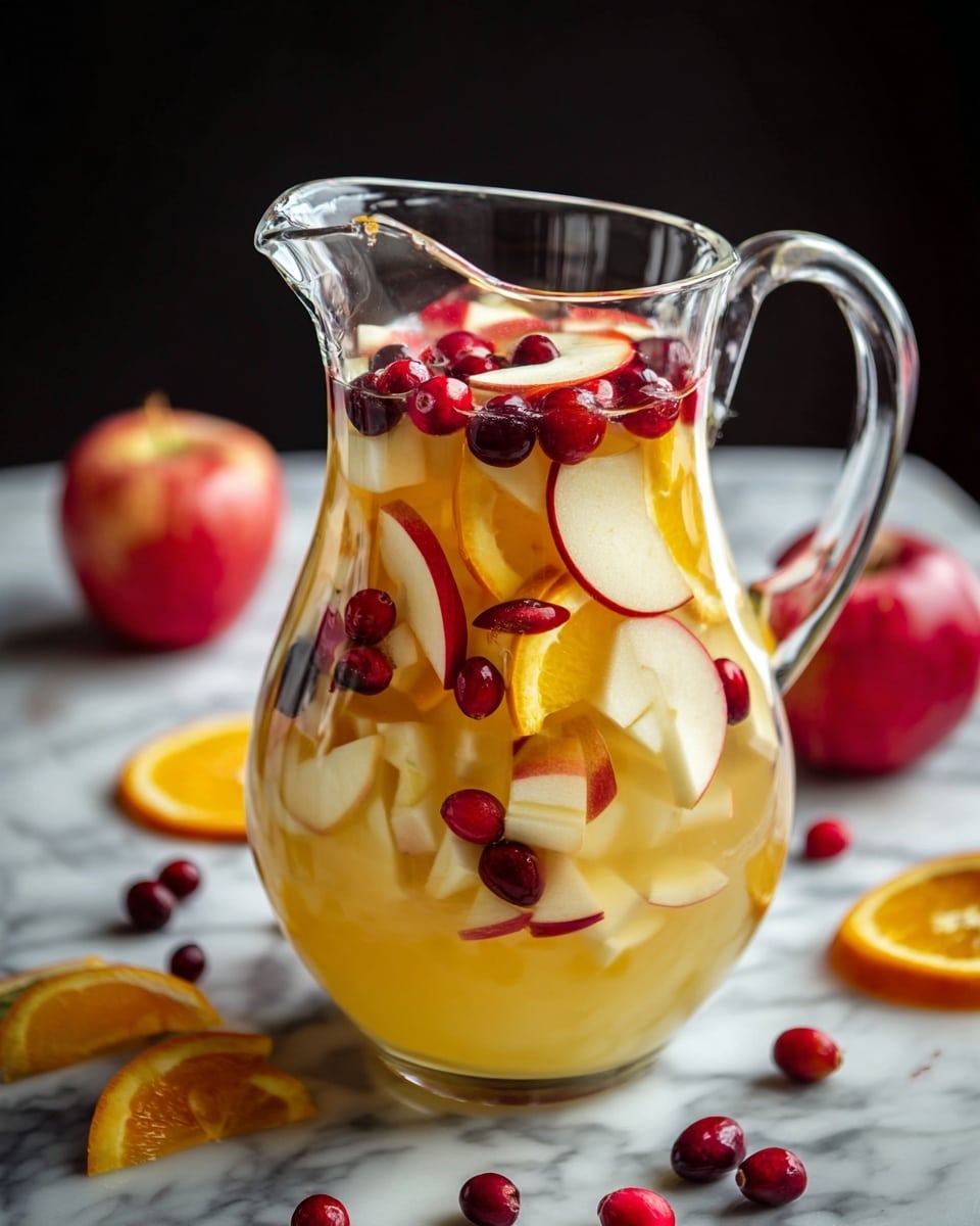 A clear glass pitcher filled with a golden-yellow drink, layered with floating slices of red-skinned apples, small pale white apple chunks, bright red cranberries, and thin orange slices placed near the sides and top. The fruit layers vary in size and are scattered through the liquid, creating a colorful mix. The focus is on the front part of the pitcher with fruits clearly visible inside. The background is a white marbled texture with some scattered red cranberries and orange slices around the pitcher. photo taken with an iphone --ar 4:5 --v 7