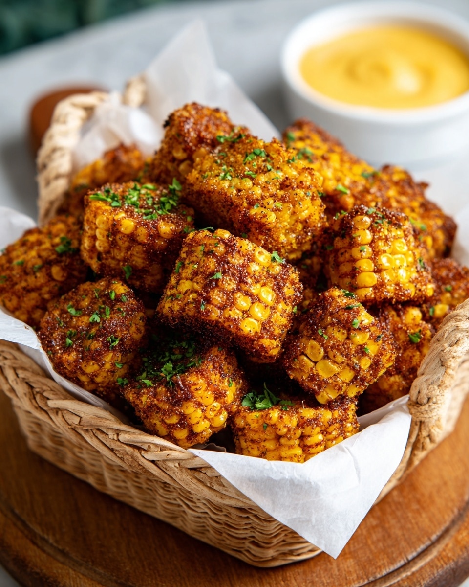 A basket lined with white paper holds many small corn cob pieces, each coated with a dark reddish-brown spice rub and sprinkled with green herbs, showing bright yellow kernels beneath the seasoning. The basket rests on a wooden board, and in the blurred background, there is a small white bowl filled with a creamy yellow sauce. The overall scene is set on a white marbled texture. photo taken with an iphone --ar 4:5 --v 7