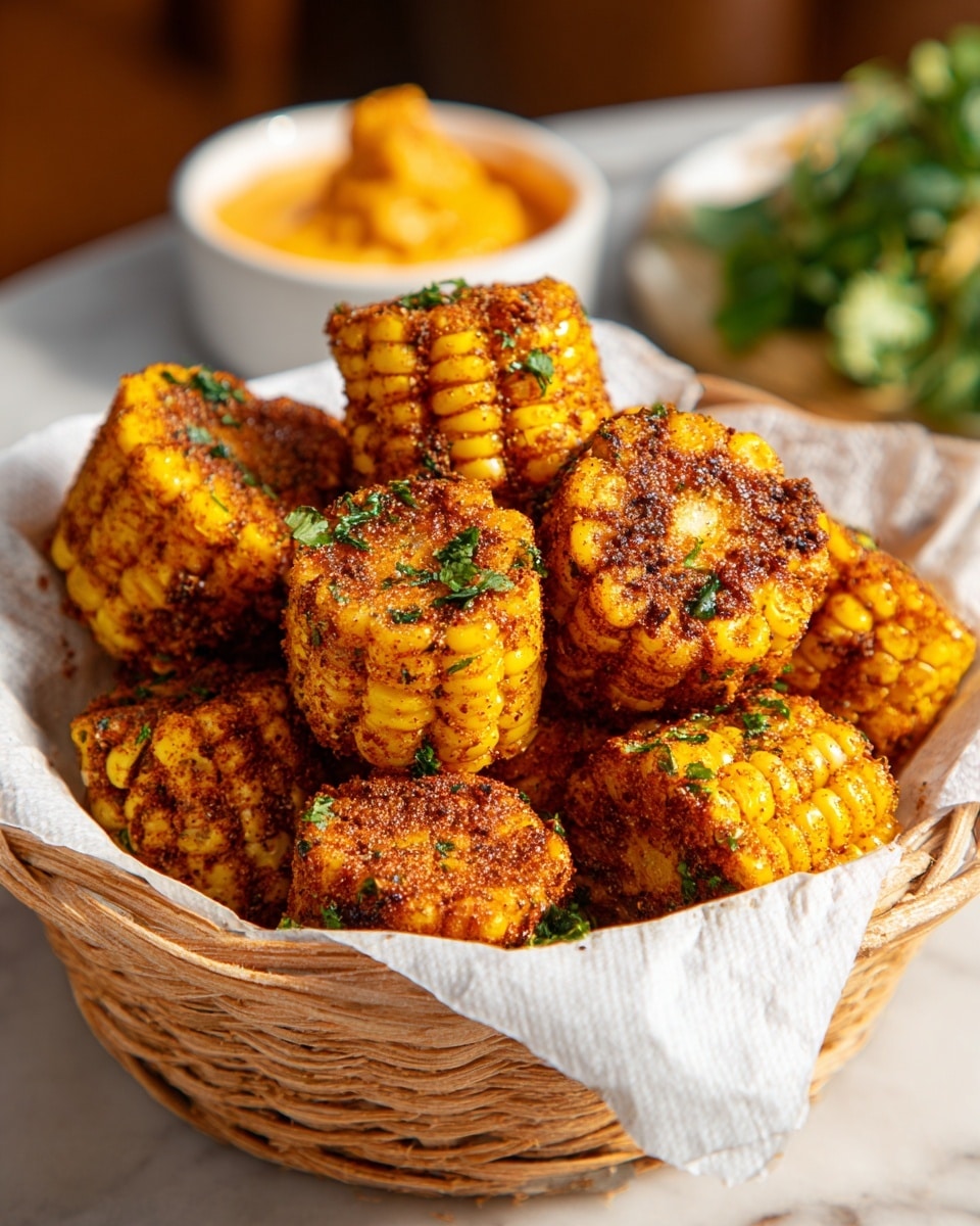 A basket lined with white paper holds many pieces of corn cut into small round sections, each covered with a reddish-brown dry seasoning and sprinkled with small green herb bits. The corn pieces are piled high, showing bright yellow kernels with a slightly rough textured spice coating. In the background, a small white dish with a creamy orange sauce and some green leafy vegetables are softly out of focus. The scene is set on a white marbled surface with warm lighting highlighting the golden color of the corn. photo taken with an iphone --ar 4:5 --v 7