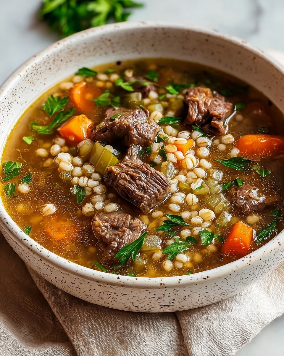 A close-up of a bowl of beef soup filled with chunks of cooked brown beef, orange carrot slices, pale green celery pieces, small round white pearl-like pasta, and green parsley leaves scattered on top within a light brown broth. The soup is served in a white speckled bowl, placed on a beige cloth with a gold spoon dipped inside. The background surface is a white marbled texture. photo taken with an iphone --ar 4:5 --v 7