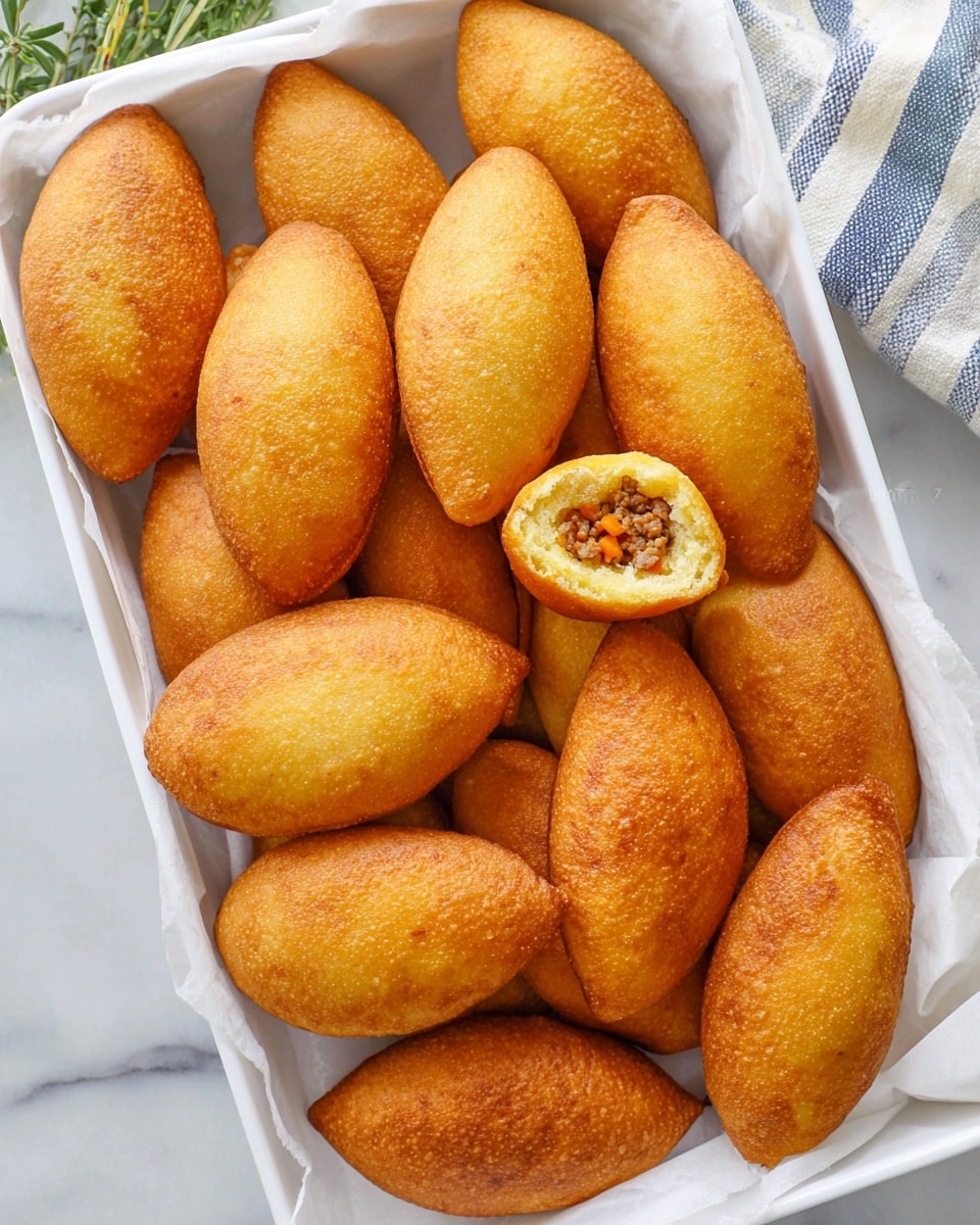 A white rectangular dish lined with white parchment paper holds seventeen golden-brown deep-fried pastries shaped like small, elongated ovals with smooth, slightly crispy exteriors. One pastry is cut open near the center, showing a filling of cooked minced meat mixed with small orange carrot pieces inside a fluffy, light yellow dough layer. The pastries are arranged closely, covering the dish fully. The dish sits on a white marbled surface with some green herbs and a striped cloth napkin partially visible nearby. Photo taken with an iphone --ar 4:5 --v 7