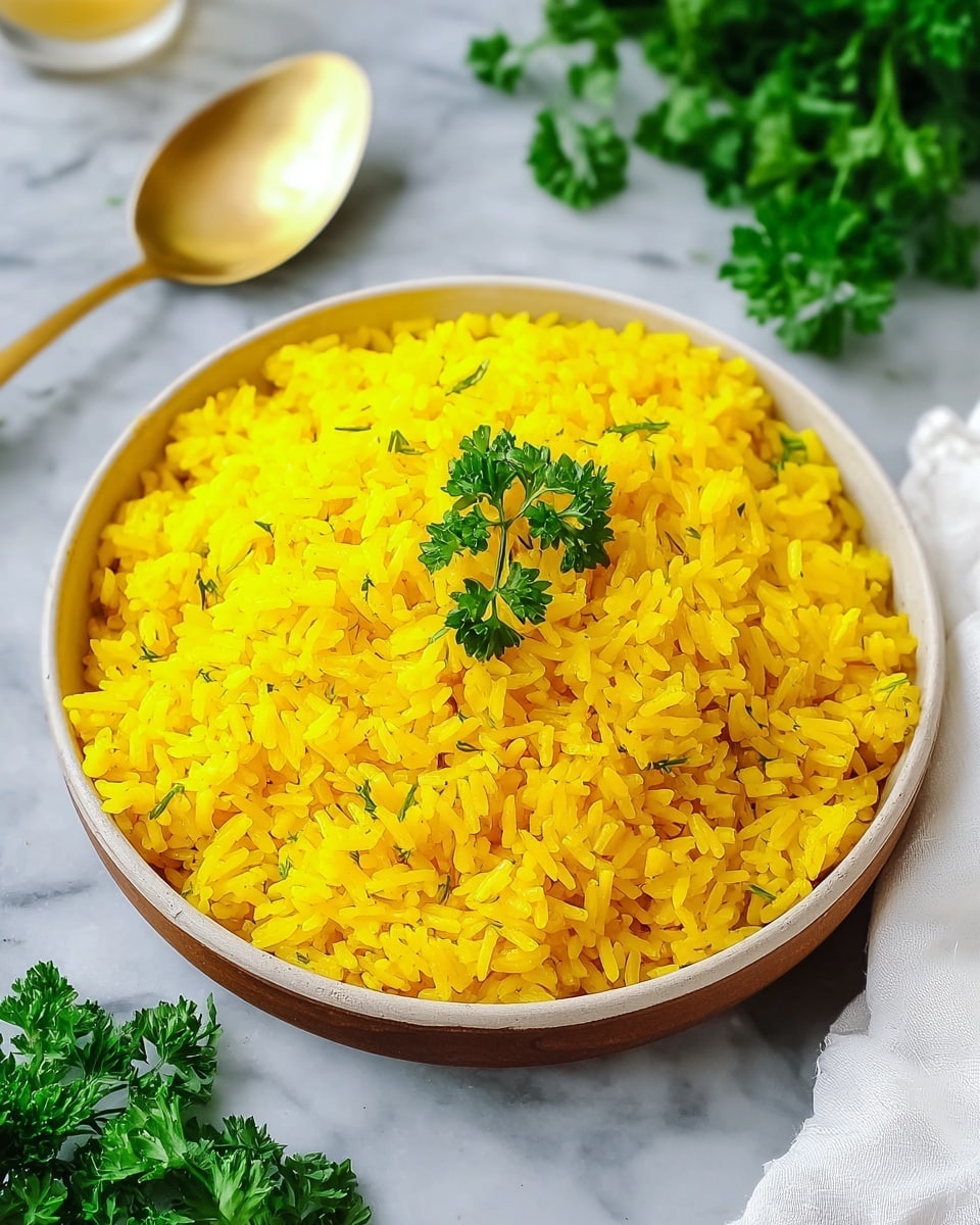 A round white bowl full of bright yellow cooked rice that looks fluffy and soft, with a small bunch of fresh green parsley leaves placed on top as garnish, the rice fills the bowl completely with the parsley centered on the surface. The bowl is on a white marbled surface with some scattered green parsley in the background. There is a gold spoon and a white napkin nearby, adding a touch of color and texture around the bowl. photo taken with an iphone --ar 4:5 --v 7