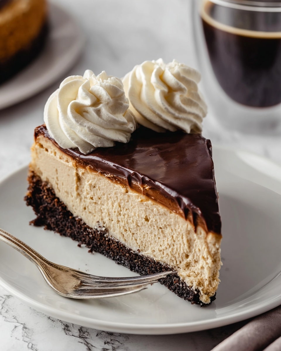 A slice of cheesecake with three visible layers sits on a white plate: the bottom layer is a dark, crumbly cookie crust, the middle layer is a thick, creamy light brown cheesecake with a smooth texture, and the top layer is a glossy, dark chocolate ganache. Two swirls of light beige whipped cream are neatly placed on top, adding a soft and airy texture. A silver fork rests on the plate beside the slice, reflecting light and showing some crumbs. The background is a white marbled texture with a clear glass cup filled with a dark liquid blurred in the back. photo taken with an iphone --ar 4:5 --v 7