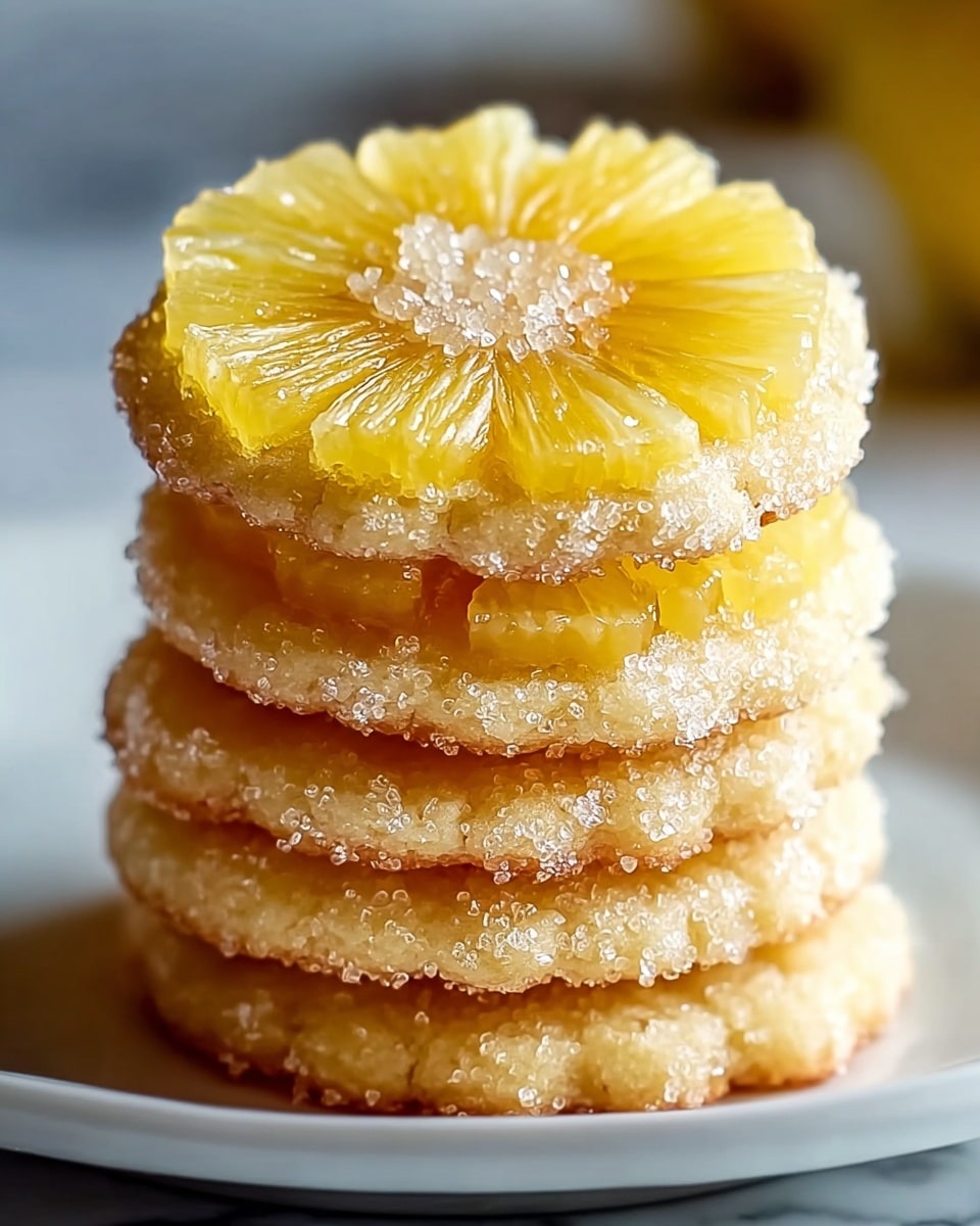 A close-up view of a stack of four pineapple-topped cookies on a white plate, placed on a white marbled surface. Each cookie has a golden-yellow pineapple slice on top, with visible juicy segments and a circle of coarse sugar crystals in the center. The cookies themselves are pale golden in color, slightly cracked on the edges, and coated with a layer of sparkling sugar crystals, giving a sugared texture that contrasts with the smooth pineapple slices. The stack shows the cookies' round shape and thick layers, with the pineapple slices slightly larger than the cookie bases, extending a little beyond the edges. photo taken with an iphone --ar 4:5 --v 7