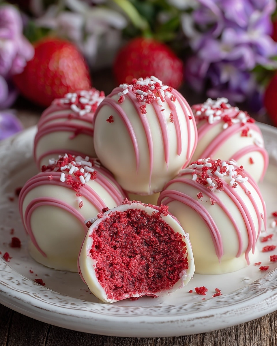 The image shows five round cake balls arranged on a white plate with a patterned edge. Each cake ball has a smooth, creamy white outer layer, drizzled with thin lines of pink icing, and topped with small red and white sprinkles. One cake ball is broken open in front, revealing a moist, bright red inner layer with a crumbly texture. The plate sits on a wooden surface with a blurred background featuring fresh strawberries and purple flowers. Photo taken with an iphone --ar 4:5 --v 7