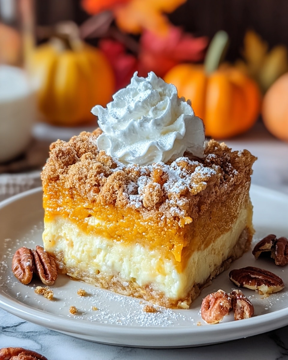 A thick square slice of pumpkin dessert sits in the center of a white plate, showing three main layers: a soft, creamy orange pumpkin middle, a dense pale base, and a crumbly, golden-brown top sprinkled with powdered sugar and pieces of pecan. On top of the dessert is a dollop of white whipped cream, slightly peaked. Around the slice on the plate are a few loose pecan halves and bits of crumb. The setting includes small pumpkins and fall leaves blurred in the background, and the plate rests on a white marbled texture. Photo taken with an iphone --ar 4:5 --v 7