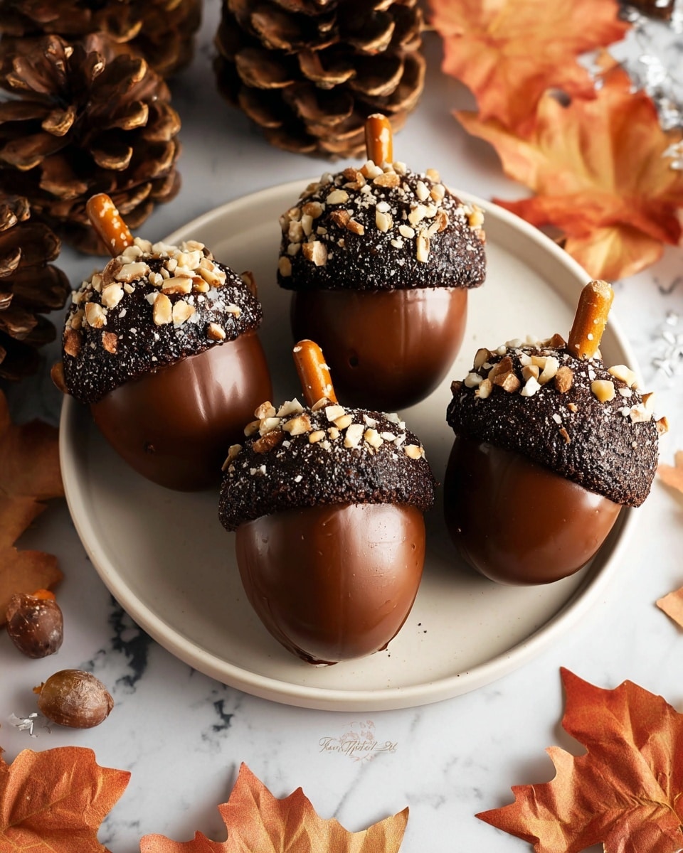The image shows several round chocolate covered treats placed on a white plate on a white marbled surface. Each treat has a shiny dark brown chocolate coating as the outermost layer. Some are topped with small pieces of light tan chopped nuts, adding a crunchy texture on top of the smooth chocolate. One of the treats is bitten into, revealing a moist, dark brown chocolate cake inside with a dense texture. In the background, there are some pine cones and evergreen branches, adding a warm, natural touch to the scene. photo taken with an iphone --ar 4:5 --v 7