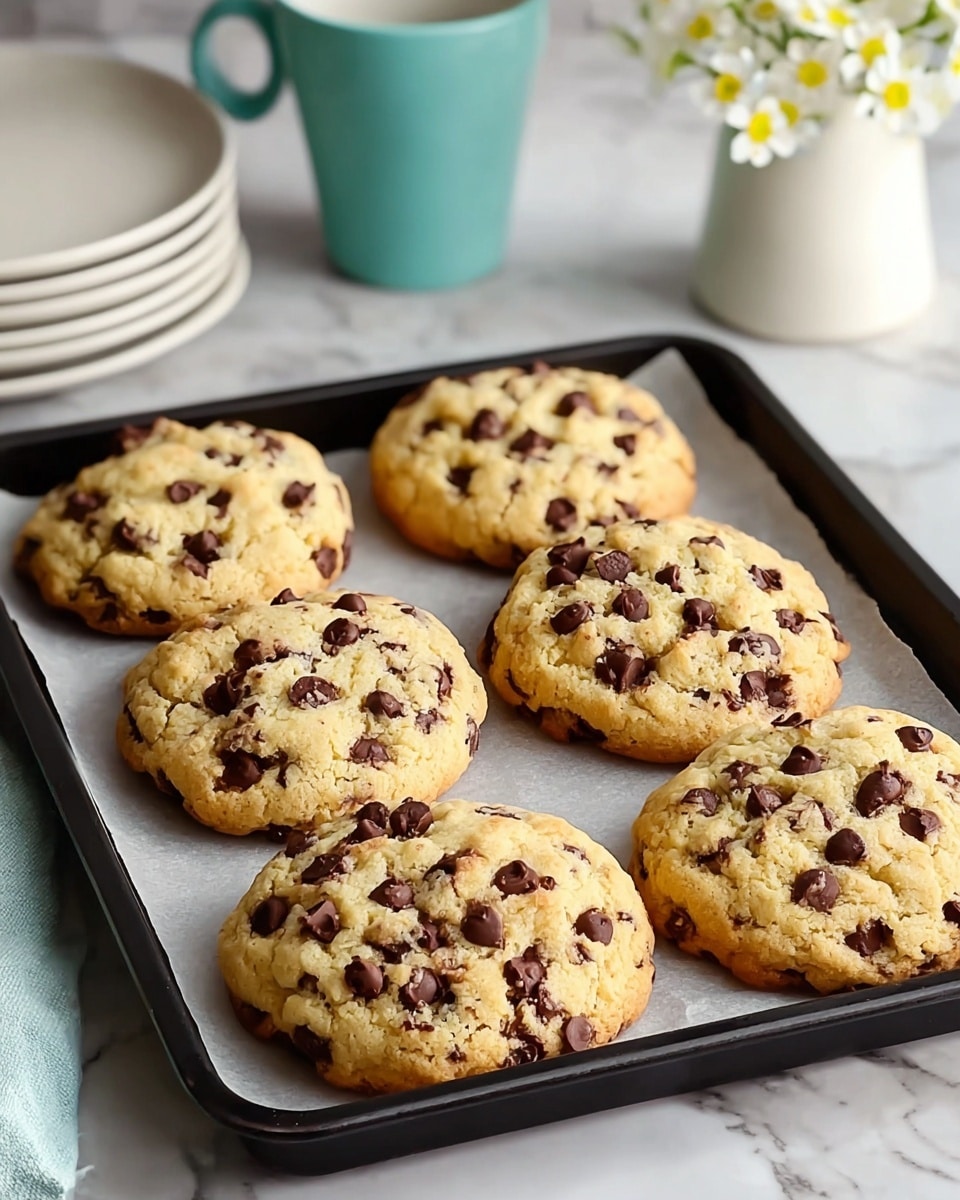 The image shows six thick, round chocolate chip cookies on a black baking tray lined with parchment paper. Each cookie has a golden-brown outer edge with a soft, pale yellow center sprinkled generously with dark brown chocolate chips of different sizes, creating a textured, slightly bumpy surface. The cookies are arranged closely in two rows of three, sitting on a white marbled surface. In the background, there are white plates stacked on the left, a teal ceramic cup, and a white vase with small white flowers with yellow centers on the right. The scene has a cozy, fresh baked feeling. photo taken with an iphone --ar 4:5 --v 7
