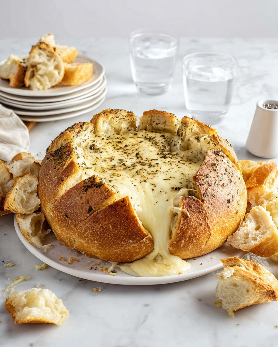 A large round loaf of bread hollowed out in the center, filled with melted gooey cheese that spreads over the bread edges, sprinkled with black pepper and herbs. Around the loaf are torn-off pieces of the same bread, some showing soft, fluffy inside and some crispy crust with herb seasoning. In the background, there is a small stack of white plates holding pieces of the bread with melted cheese on top, two clear glasses of water, and a small white salt or pepper shaker on a white marbled surface. Photo taken with an iphone --ar 4:5 --v 7