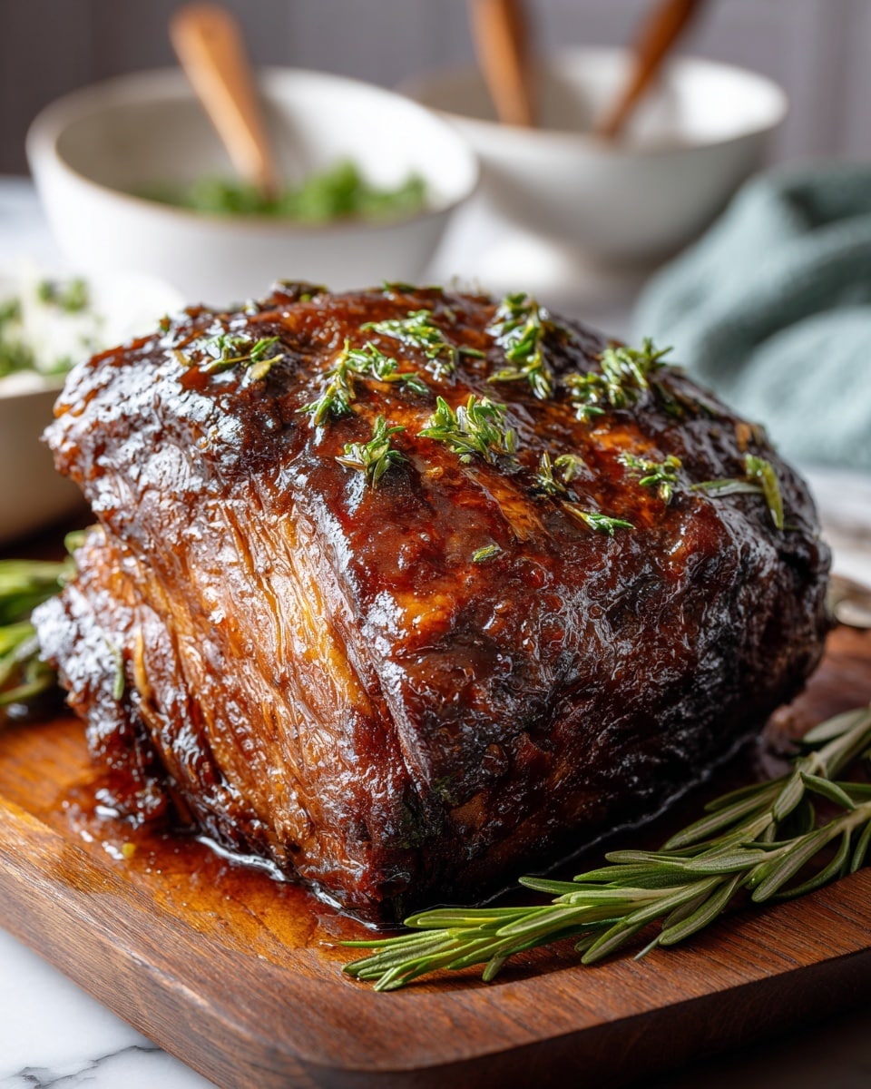 A large, richly browned piece of roast meat sits on a wooden board, covered with a glossy layer of thick, dark brown glaze and topped with scattered sprigs of fresh green herbs. The surface of the meat shows tender textures and caramelized edges, glistening with juicy sauce pooling slightly at the base. Around the meat, bright green rosemary sprigs add contrast and freshness, while in the blurred background, two white bowls with wooden utensils and fresh herbs hint at complementary flavors. The setting is placed on a white marbled textured surface, emphasizing the warmth and heartiness of the roast. photo taken with an iphone --ar 4:5 --v 7