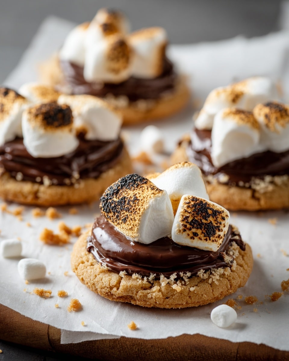 The image shows four round layered treats on white parchment paper placed over a white marbled surface. Each treat starts with a golden-brown cookie base that has a slightly cracked texture. On top of the cookie is a thick, glossy layer of dark brown chocolate spread, smooth and shiny. Above the chocolate are several large white marshmallows toasted to a golden brown with some darker spots, slightly melted and puffed, giving a soft and airy look. Small crumbs are scattered around the treats adding texture to the scene. photo taken with an iphone --ar 4:5 --v 7