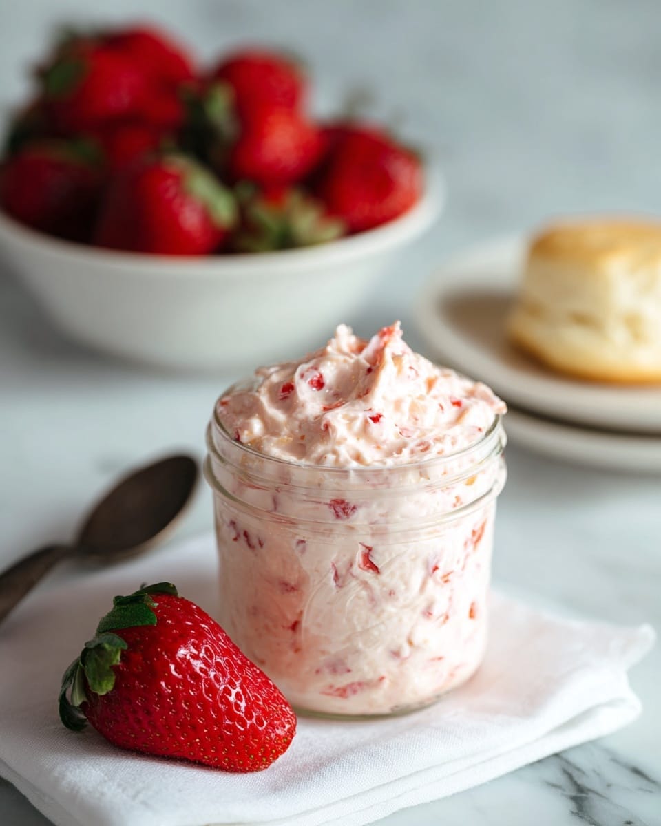 A small clear glass jar filled with a thick, creamy mixture that is pale pink with visible small red strawberry pieces mixed in, overflowing slightly on top with a textured, swirled surface; next to the jar, a bright red whole strawberry with green leaves rests on a white cloth underneath; in the background, a white bowl is filled with shiny red strawberries on a white marbled surface, with a blurred white plate holding a round biscuit and a dark spoon beside it, all softly lit to show fresh and inviting details. photo taken with an iphone --ar 4:5 --v 7