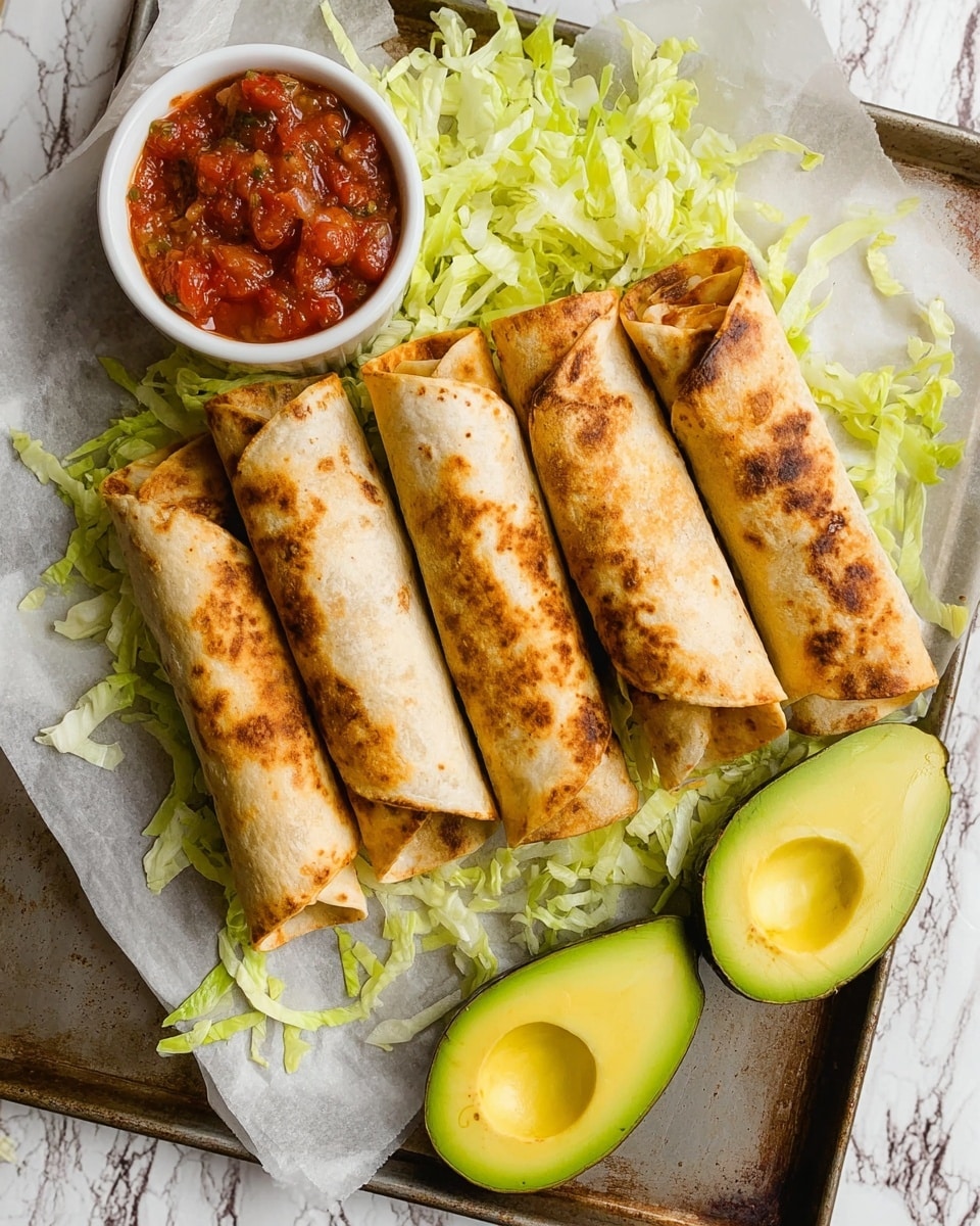 The image shows six rolled tacos with light brown, slightly toasted flour tortillas arranged side by side on a layer of shredded light green lettuce on white parchment paper. To the top left, there is a small white bowl filled with chunky red salsa. At the bottom of the image, two halves of a green avocado with smooth green flesh and dark brown seed sit on the metal tray beneath the parchment paper. The background is a white marbled surface. photo taken with an iphone --ar 4:5 --v 7