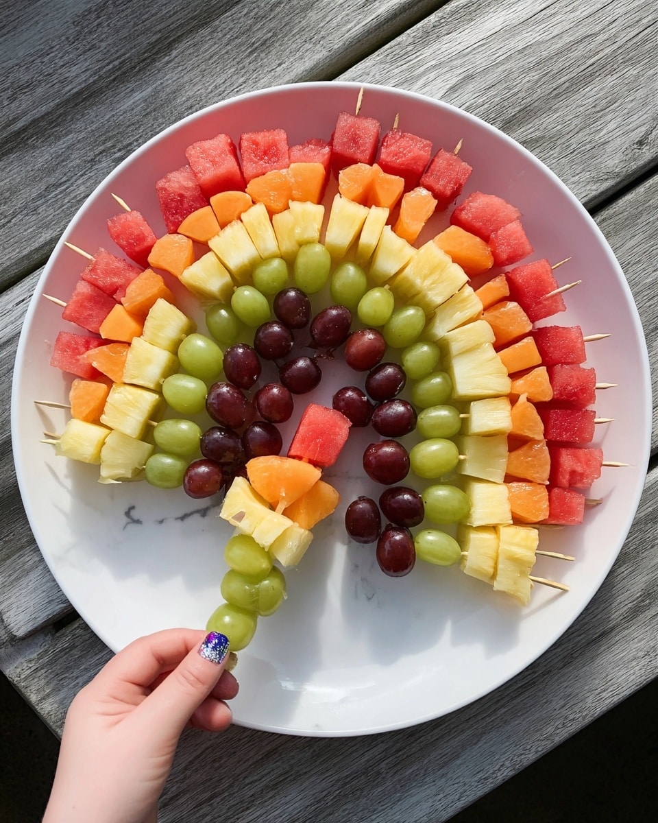 The image shows a white plate with multiple fruit skewers arranged in a rainbow shape. Each skewer has five layers of fruit: the outermost layer is red watermelon cubes, followed by orange cantaloupe cubes, then yellow pineapple cubes, green grapes, and the innermost layer has dark red grapes. The skewers are neatly lined up side by side, creating a curved rainbow pattern. A woman's hand with painted nails is holding one skewer with watermelon at the top, reaching towards the plate. The plate sits on a white marbled surface. photo taken with an iphone --ar 4:5 --v 7