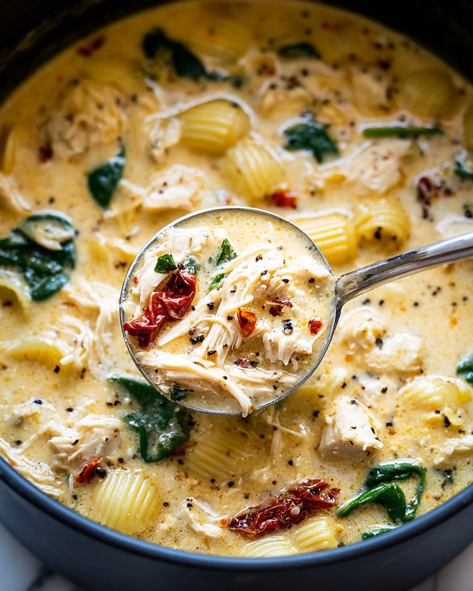 A close-up view of a creamy soup filled with chunky pieces of white shredded chicken, yellow ridged pasta shells, small bits of dark green spinach leaves, and scattered dark red sun-dried tomato pieces, all mixed in a smooth, light yellow broth speckled with fresh black pepper. A metal spoon is scooping up some of the soup from a dark pot, showing the thick texture of the liquid and ingredients. The background has a white marbled texture. photo taken with an iphone --ar 4:5 --v 7