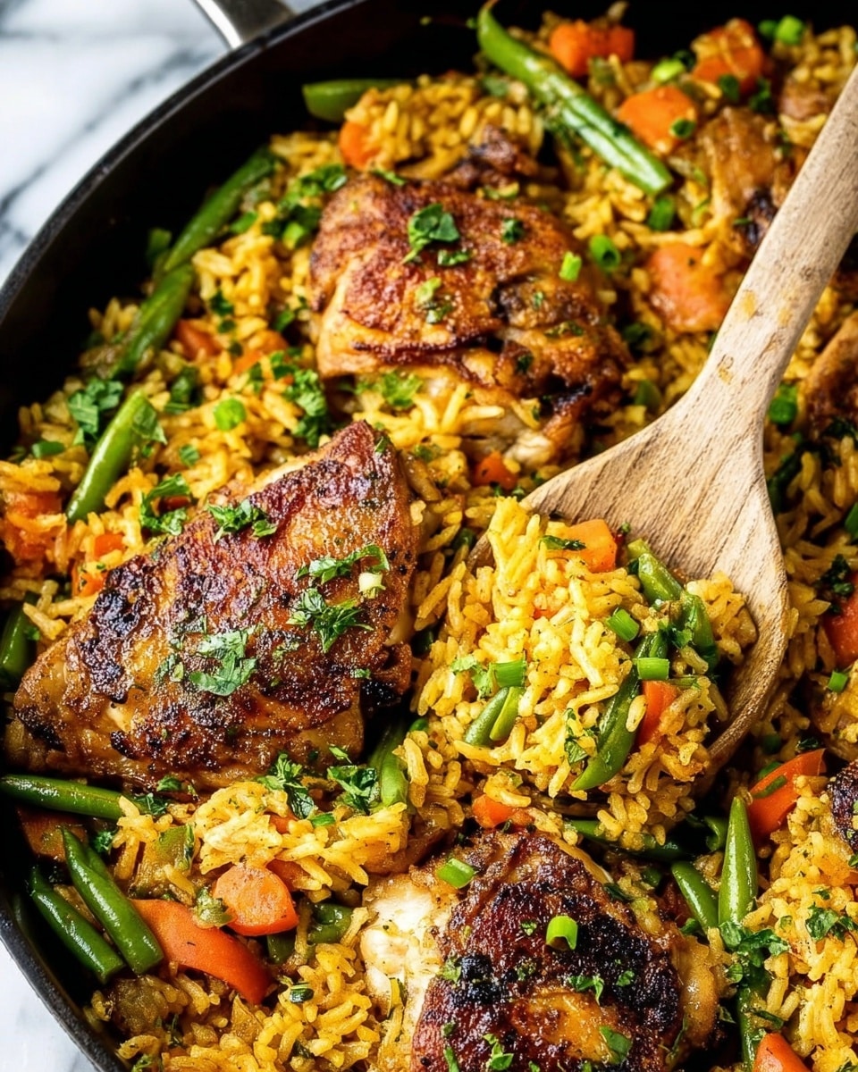 This image shows a close-up of a black pan filled with a colorful chicken and rice dish. The pan contains three pieces of browned, grilled chicken with a slightly crispy texture and sprinkled with chopped green herbs. Around the chicken are yellow rice grains mixed with green beans and thin slices of orange carrots. Some chopped green onions are scattered on top, adding freshness. A wooden spoon is scooping a portion of the rice mix, showing its moist, fluffy texture. The background is a white marbled texture. photo taken with an iphone --ar 4:5 --v 7