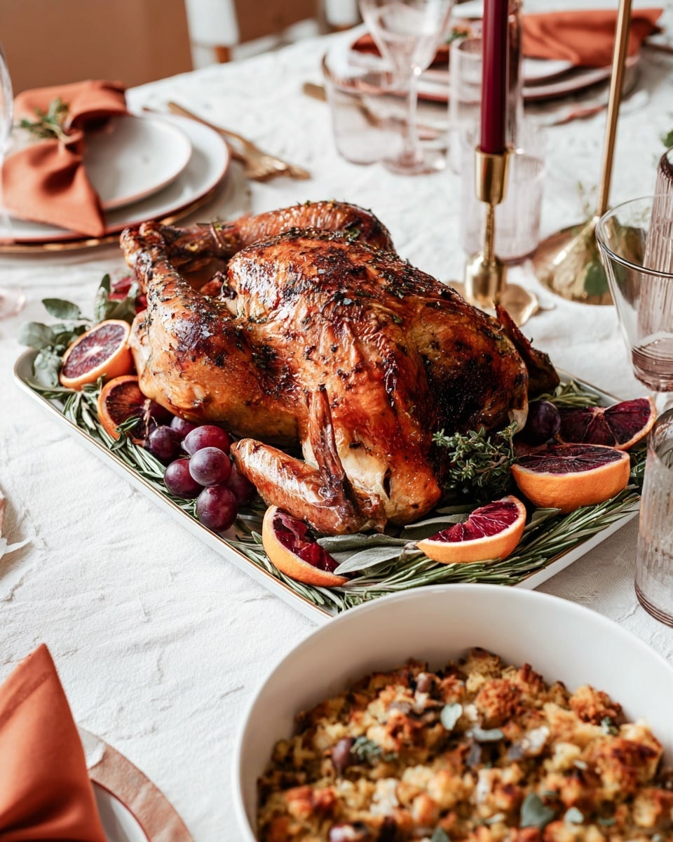 A whole roasted chicken with golden-brown crispy skin sits in the center of a white rectangular tray. The chicken is surrounded by halved bright red pomegranates, dark purple grapes, slices of deep red blood oranges, and sprigs of fresh green rosemary, arranged evenly around the chicken. To the left, a white sauce boat holds brown gravy, and on the right side, there is a clear glass with red wine inside, placed on a white marbled surface with a white vase holding soft beige dried flowers behind it. The scene is bright and clean with soft natural light highlighting the textures. photo taken with an iphone --ar 4:5 --v 7