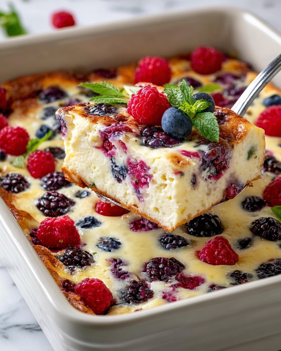 The image shows a baked berry cheesecake with a creamy pale yellow base mixed with red raspberries, dark purple blackberries, and blue blueberries evenly spread throughout. The top layer has whole berries scattered across, creating a colorful contrast with the slightly browned, smooth, creamy custard surface. Fresh green mint leaves add a bright touch on top. A single slice is being lifted with a silver utensil from a white rectangular baking dish. The background is a white marbled texture. Photo taken with an iphone --ar 4:5 --v 7