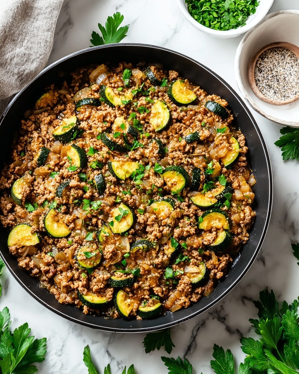 A round black pan filled with a cooked mixture of finely ground meat and small round slices of green zucchini, all coated in a light brown sauce with visible bits of cooked onion scattered throughout. Bright green parsley leaves are sprinkled on top and mixed in for fresh color contrast. The pan rests on a white marbled surface with green parsley leaves scattered around it, giving a fresh and clean look. On the side, a white bowl with more parsley and a small bowl of coarse salt and pepper are partially visible, adding to the natural ingredients theme. photo taken with an iphone --ar 4:5 --v 7