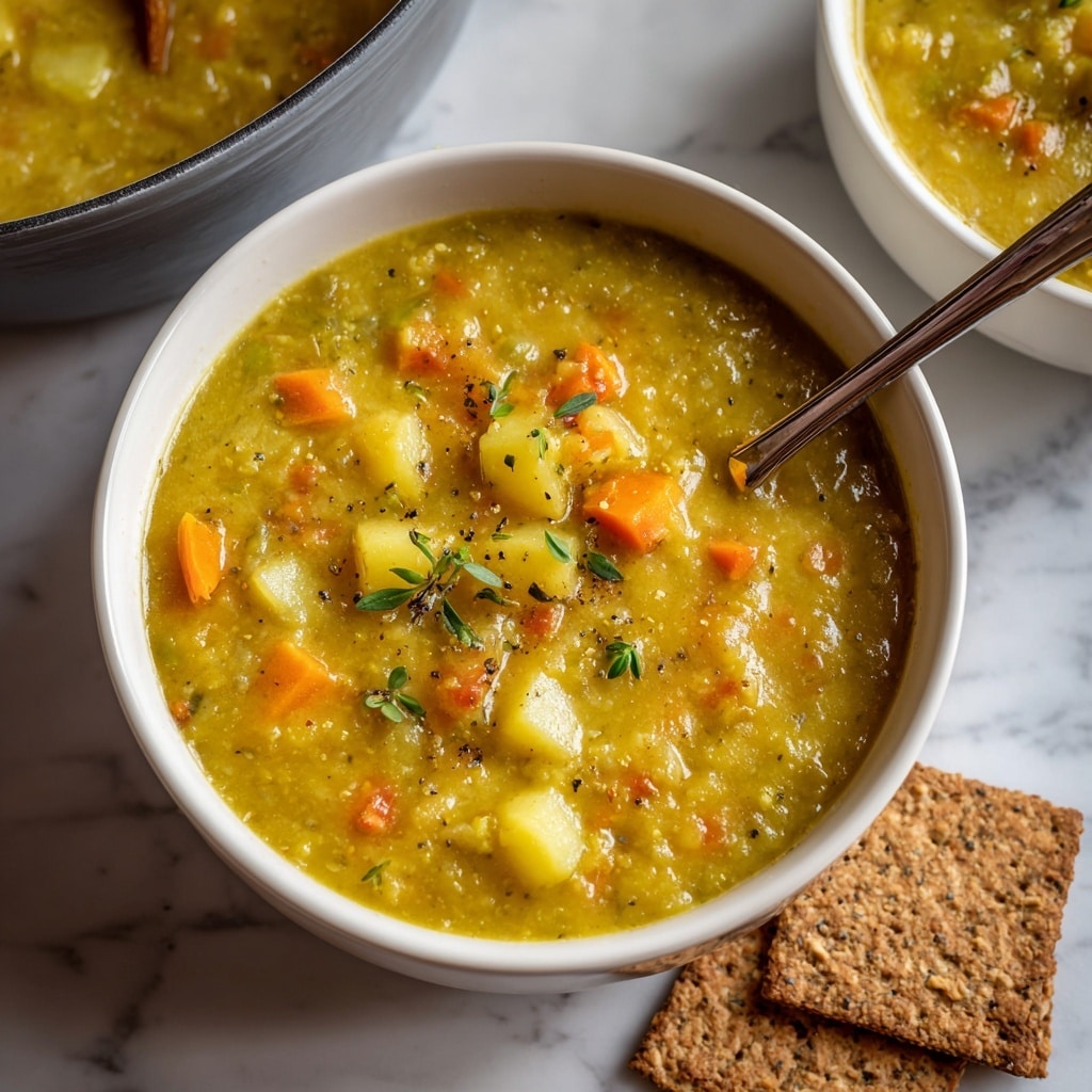 A white bowl filled with thick yellow split pea soup that has small chunks of light beige potatoes and orange carrots mixed throughout. The soup has a slightly coarse texture with tiny bits visible in the smooth base, and there are small green herb leaves scattered on top for garnish. The bowl sits on a white marbled surface and there is a piece of seeded cracker placed nearby. Photo taken with an iphone --ar 4:5 --v 7