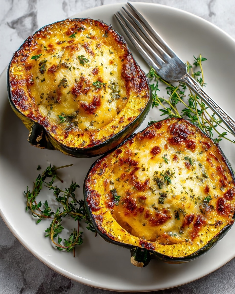 Two halves of a roasted squash filled with a golden, bubbly cheese layer on top, slightly browned and crisp at the edges. The squash skin is deep green and glossy, while the inside flesh is bright yellow. The cheese layer has herbs sprinkled on it, giving spots of green throughout. Both halves are placed on a simple white plate with sprigs of fresh thyme around them. A silver fork rests beside the squash on the plate. The background is a white marbled texture. Photo taken with an iphone --ar 4:5 --v 7