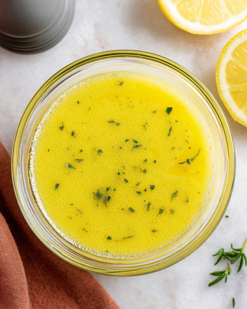 The image shows a clear glass bowl filled with a yellow, slightly frothy sauce that has green herb bits mixed throughout, creating a textured look. The sauce fills about two-thirds of the bowl, with a smooth top layer and small bubbles around the edges. A silver spoon sticks out from the bowl, adding a touch of shine. The bowl is placed on a white marbled surface, with a halved lemon on the right and blurry green herbs in the foreground. Two grey pepper mills sit in the soft, pink-toned background. photo taken with an iphone --ar 4:5 --v 7
