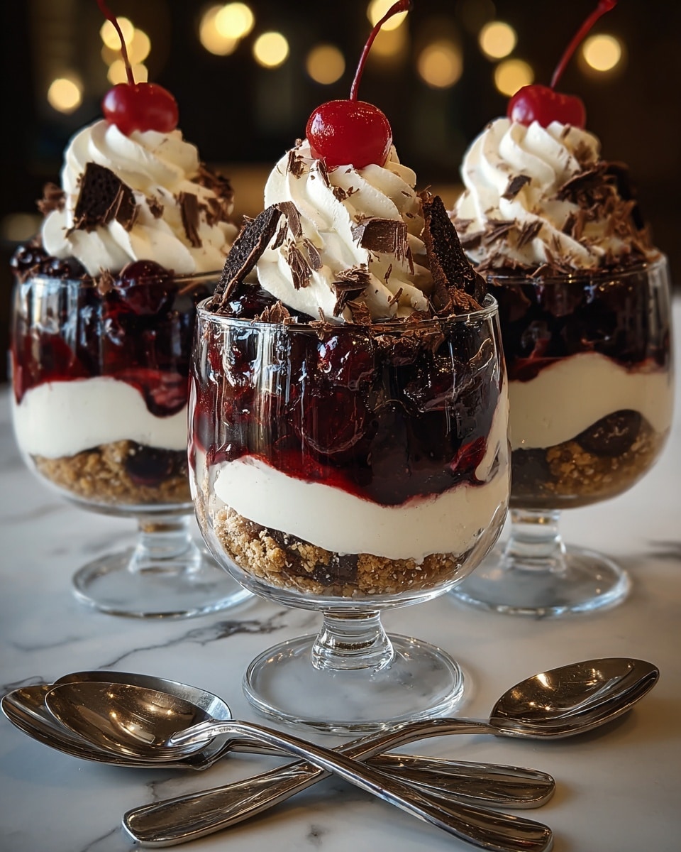Three glass dessert cups hold a layered treat, each glass showing a clear view of the layers inside. At the bottom is a smooth, white creamy layer, topped by a crumbly brown layer that looks like crushed cookies or nuts. Above this is a thick, deep red berry sauce with whole dark berries mixed in, followed by a generous swirl of white whipped cream. More berries and dark chocolate shavings are sprinkled on top, with a single red cherry perched at the peak of the center glass. The glasses sit on a white marbled surface with two shiny silver spoons placed in front, and soft golden lights glow softly in the blurred background. photo taken with an iphone --ar 4:5 --v 7