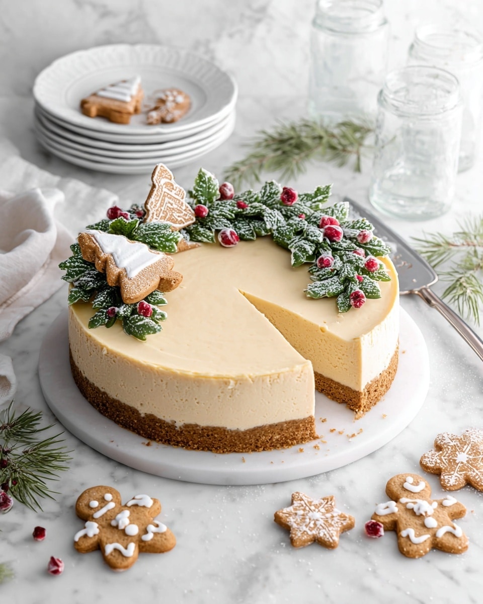 A round, two-layer cheesecake sits on a white plate with a brown crumb crust as the bottom layer and a smooth, light beige cheesecake layer above it. One slice is cut out, showing the creamy texture inside. The top of the cheesecake is decorated with a festive wreath made of green frosted pine leaves, red sugared berries, and small white flower-like details, along with gingerbread cookies shaped like a Christmas tree, a snowflake, and two gingerbread men with white icing. Around the plate and on the white marbled surface are more gingerbread cookies and sugared berries. A cake server rests on the side near the cheesecake, and behind it are stacked white plates, two clear glass bottles, and some scattered sprigs of pine. The whole scene is bright with a soft, clean look. Photo taken with an iphone --ar 4:5 --v 7