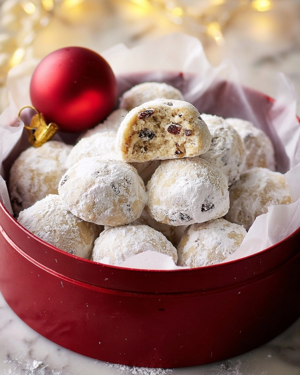 A red round container lined with white parchment paper filled with many round snowball cookies. The cookies have a white powdered sugar coating as the outer layer, giving a rough texture. One cookie is cut in half and placed on top, showing a light beige crumbly inside dotted with small bits of dark dried fruit and nuts. A shiny red Christmas ornament ball is placed on the left side of the container. The whole scene is on a white marbled surface with some soft yellow lights glowing in the blurred background. photo taken with an iphone --ar 4:5 --v 7
