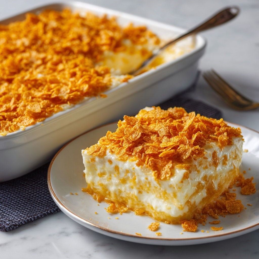 The image shows a square serving of a baked casserole on a round white plate with a textured gray-blue surface. The dish has two visible layers: the bottom layer is a creamy, pale yellow base that looks smooth and cheesy, while the top layer is a crunchy golden-brown crust made up of crushed cornflakes. The casserole piece has an uneven, slightly fluffy texture with the cornflakes scattered thickly on top. The plate sits on a white marbled surface, and in the background, there is a white baking dish filled with more of the casserole, slightly out of focus. photo taken with an iphone --ar 4:5 --v 7