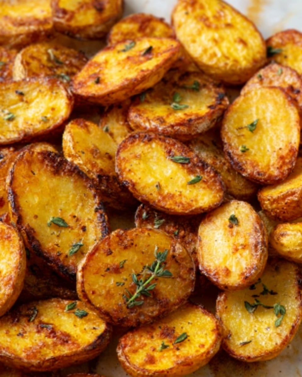 This image shows a close-up view of many roasted baby potatoes cut in half, spread across a baking tray. Each potato half has a golden-brown, crispy outer layer with some dark brown spots from roasting, and a soft, yellow inside. Small green herb leaves are scattered evenly on top, adding a fresh contrast to the warm colors of the potatoes. The baking tray is silver, and the potatoes cover it completely with no visible gaps. The overall look is warm and appetizing, showing crispy roasted textures with slight oil shine photo taken with an iphone --ar 4:5 --v 7