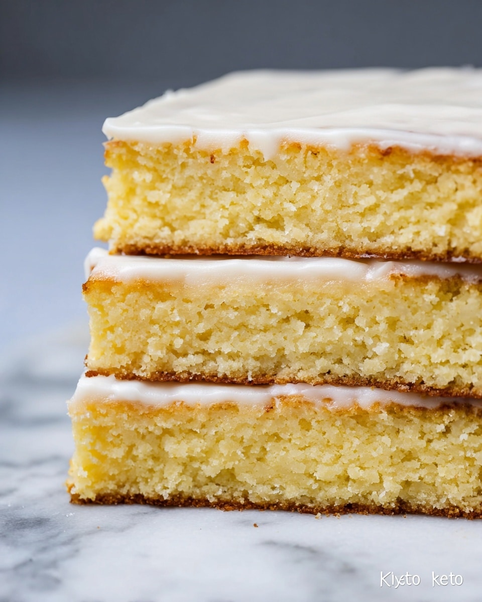 The image shows three thick slices of yellow cake with a rough, crumbly texture, stacked closely side by side on a white marbled surface. Each slice has one layer topped with a smooth, white icing giving a glossy finish. The cake layers appear moist and dense, with the icing evenly spread across the top of each slice. The background is blurred, keeping the focus on the neat rows of cake pieces. Photo taken with an iphone --ar 4:5 --v 7