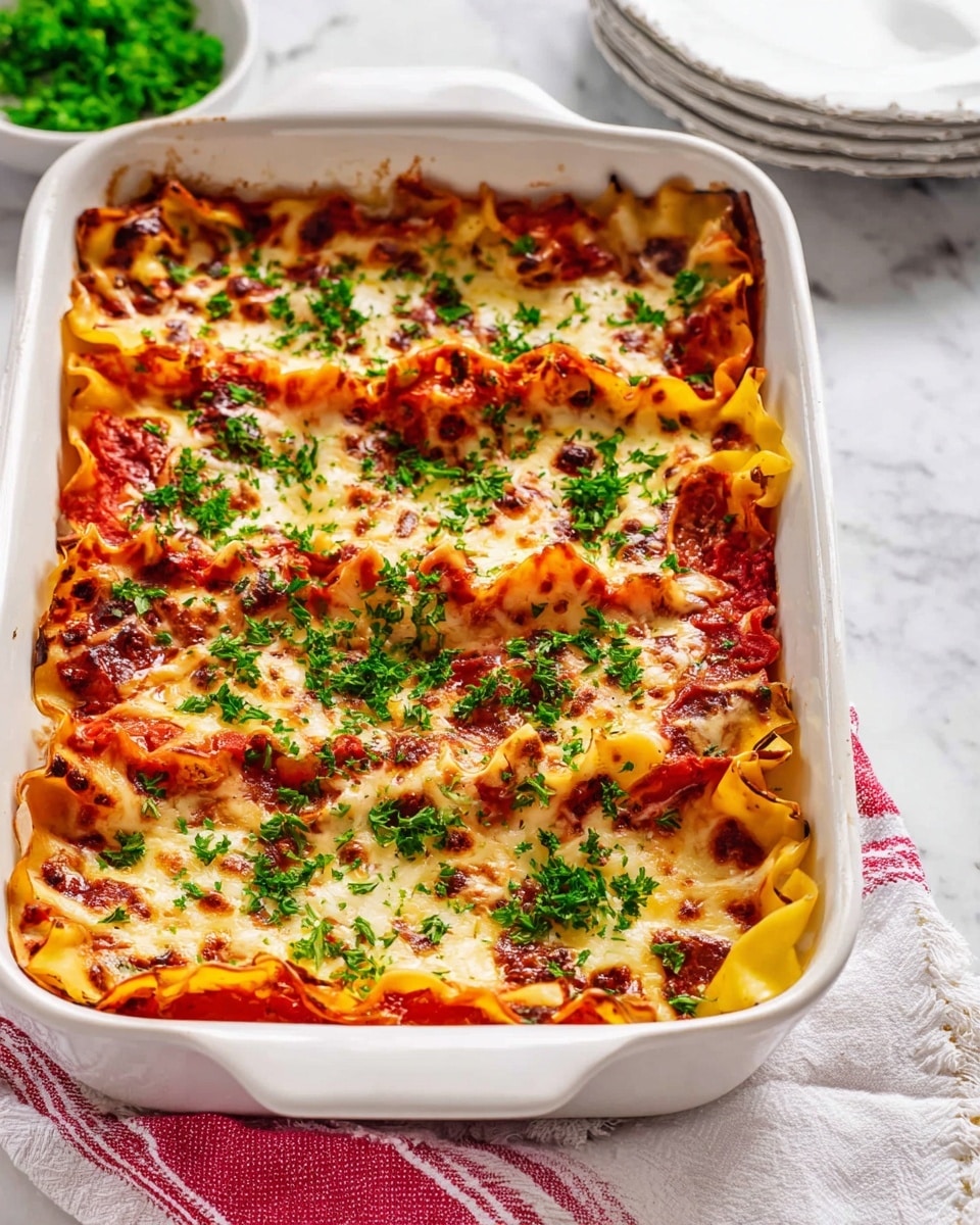 The image shows a white baking dish filled with four visible layers of baked lasagna. The bottom layer is a smooth, rich red tomato sauce, followed by a layer of pale yellow pasta sheets slightly curled at the edges. On top of the pasta is a mix of melted golden cheese with some browned spots, scattered unevenly across the surface. Bright green chopped parsley is sprinkled generously over the top, adding fresh color and texture contrast. The dish sits on a white marbled surface with a white and red striped cloth beside it, and blurred white plates stacked in the background. photo taken with an iphone --ar 4:5 --v 7