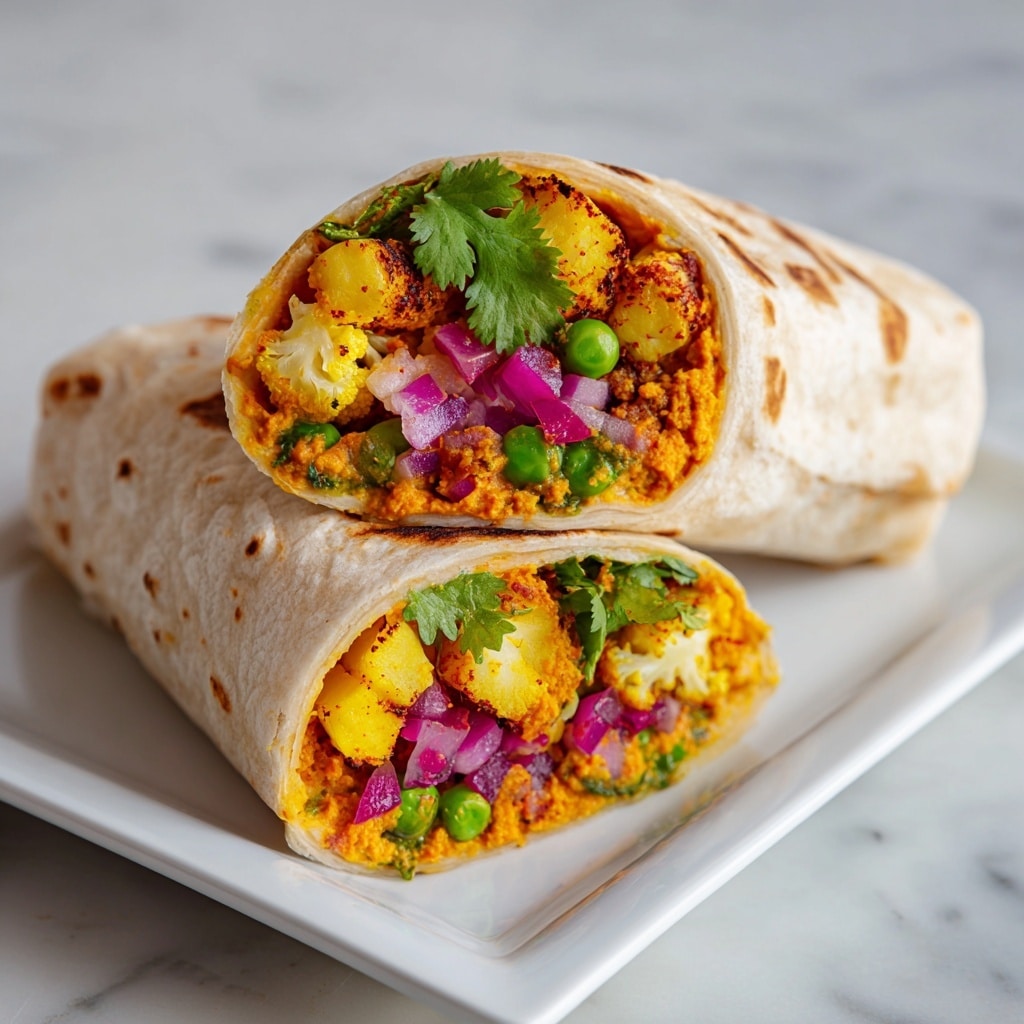 A close-up view of a wrap cut in half and stacked on a white plate, showing three main layers inside: the outer light beige wrap with a slightly toasted and soft texture, the thick middle layer of yellow and orange mashed potatoes mixed with green peas and small cauliflower pieces, and the inner fresh mix of vibrant green cilantro leaves and small diced red onions adding bursts of color. The wrap is placed on a white marbled surface with a black background. Photo taken with an iphone --ar 4:5 --v 7
