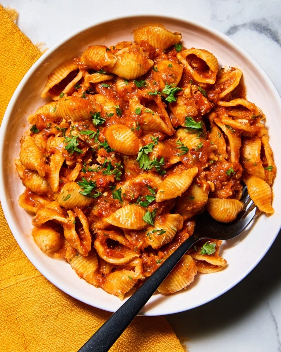The image shows a white bowl filled with shell-shaped pasta coated in a rich, red tomato sauce with small bits of tomato and herbs visible. On top, there are small pieces of fresh green parsley scattered for garnish. A black spoon is placed inside the bowl, partially submerged in the pasta. The bowl sits on a white marbled surface with a yellow cloth partially visible at the left edge. Photo taken with an iphone --ar 4:5 --v 7