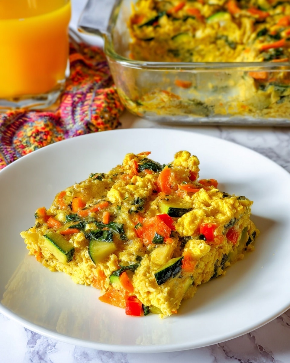 The image shows a large serving of a mixed vegetable and egg casserole on a white plate. The dish has several layers: a base layer of light yellow scrambled eggs mixed with chopped green spinach, slices of green zucchini, diced red bell peppers, and shredded orange carrots. The texture is soft and slightly chunky, with uneven vegetable pieces spread throughout. Behind the plate, a glass baking dish with more of the casserole is visible, with a colorful cloth underneath and a glass of orange juice on the side, all set on a white marbled surface. photo taken with an iphone --ar 4:5 --v 7