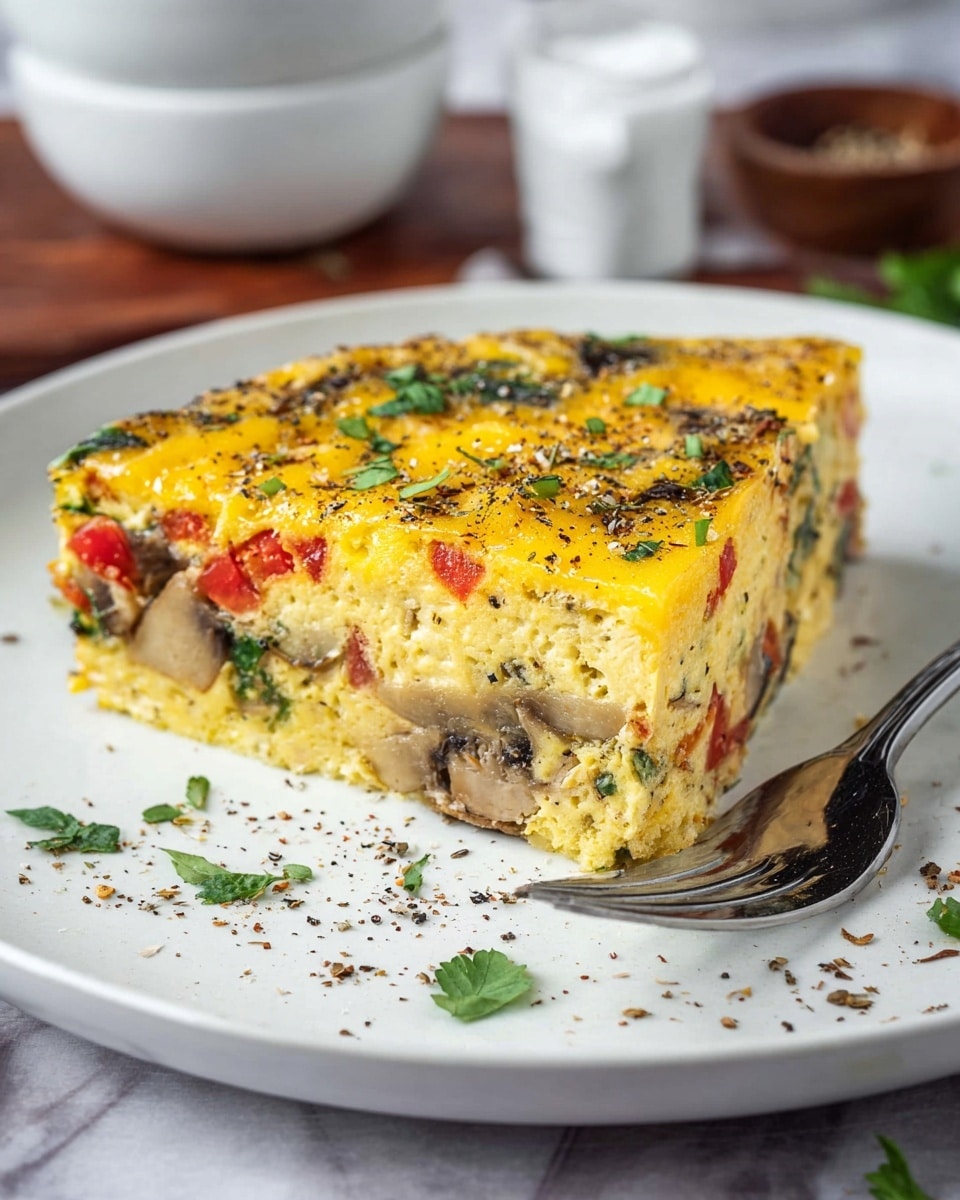 A thick slice of baked egg dish with about three visible layers is placed on a white plate. The bottom layer is dense and light yellow mixed with small bits of vegetables like green leafy pieces and beige chunks. The middle layer has pieces of red bell pepper and light brown mushrooms scattered inside a creamy yellow egg base. The top layer is a bright golden-yellow melted cheese-like surface sprinkled with black pepper and chopped fresh green herbs. A silver fork is on the plate near the dish, and some herb leaves and pepper granules are scattered on the plate rim. The background shows blurred white bowls and a wooden table surface changed to white marble. photo taken with an iphone --ar 4:5 --v 7