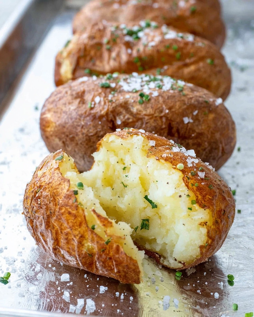 The image shows a close-up of a baked potato with a crispy brown skin sprinkled with coarse salt. The potato is cut open, revealing a soft, fluffy white inside mixed with bits of green herbs evenly spread throughout. The skin has a rough texture, and the inside looks smooth with some light pepper seasoning visible. Behind the open potato, there is a row of whole baked potatoes also sprinkled with salt, all set on a silver tray with a white marbled texture background. photo taken with an iphone --ar 4:5 --v 7