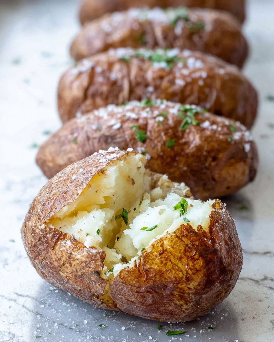 A row of baked potatoes with brown, slightly crispy skins topped with coarse salt sits on a white marbled textured surface. The front potato is cut open, revealing soft, fluffy white inside flesh sprinkled with chopped green herbs and a few pepper specks. The crust has a rough texture with patches of salt crystals. In the background, additional whole potatoes with similar brown, textured skin and salt topping are lined up neatly in a shallow groove of the surface. photo taken with an iphone --ar 4:5 --v 7