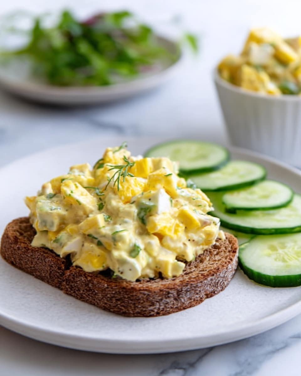 The image shows an open sandwich with one thick slice of dark brown bread on a white plate, topped with a chunky egg salad that has visible pieces of yellow egg yolk and white egg, mixed with a creamy dressing. To the side of the sandwich are thin green cucumber slices arranged in a neat line, with some leafy green herbs behind them. In the background, a small white bowl holds more of the egg salad. The whole scene is set on a white marbled surface. Photo taken with an iphone --ar 4:5 --v 7