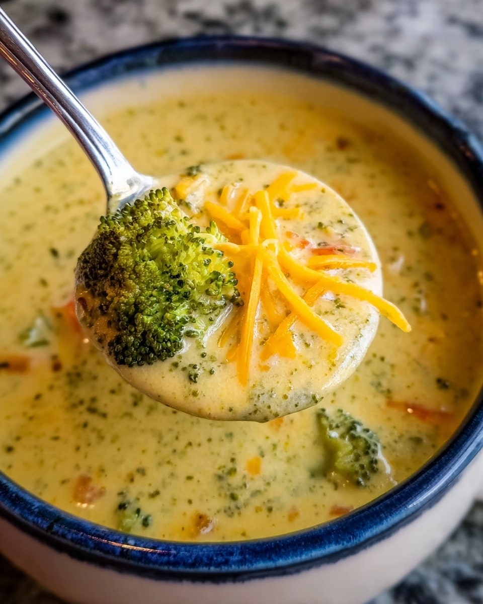 A close-up image of creamy broccoli cheddar soup served in a white bowl with a blue rim. The soup has a thick, smooth yellow base with small chunks of green broccoli and bits of orange cheddar cheese visible throughout. A spoon holds a scoop of soup that includes a large piece of bright green broccoli with a few thin shreds of melted orange cheddar cheese on top. The bowl is placed on a white marbled textured surface. Photo taken with an iphone --ar 4:5 --v 7